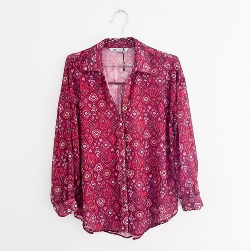 Zara Button Down V-Neck Chiffon Printed Boho Long Sleeve Top